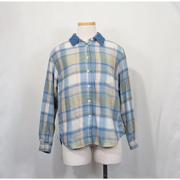Vintage Tops - Vintage 90s Blouse Blue Pink Green Flannel Plaid Denim Collar Size Petite Small